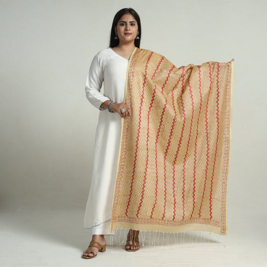 Beige - Bengal Kantha Embroidery Tussar Silk Cotton Handloom Dupatta with Tassels 23