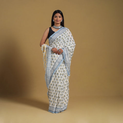 White - Block Print Mul Cotton Sanganeri Saree 05