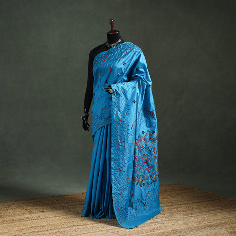 Blue - Bengal Nakshi Kantha Hand Embroidered Silk Saree 32