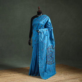 Blue - Bengal Nakshi Kantha Hand Embroidered Silk Saree 32