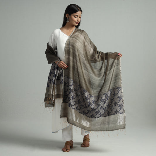 Brown - Bengal Jamdani Handloom Katan Silk Dupatta with Tassels 18