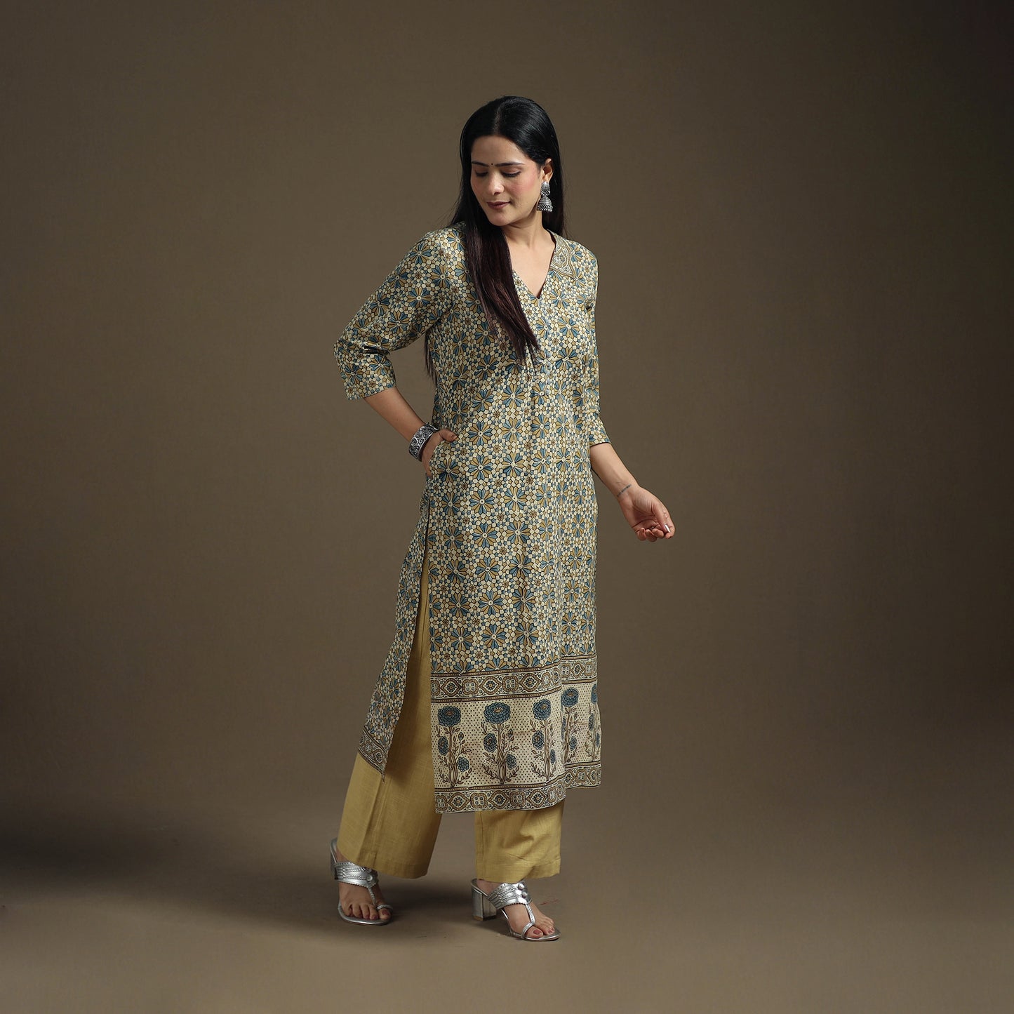 Hand Block Print Cotton Straight Long Ajrakh Kurta for Women 03