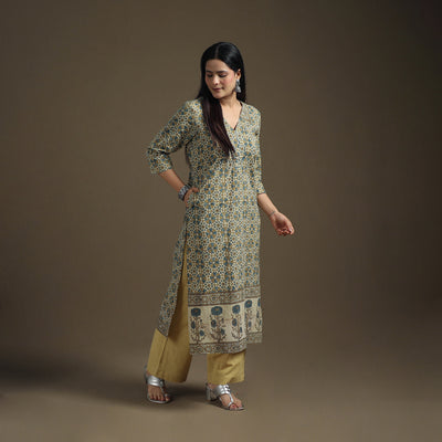 Hand Block Print Cotton Straight Long Ajrakh Kurta for Women 03