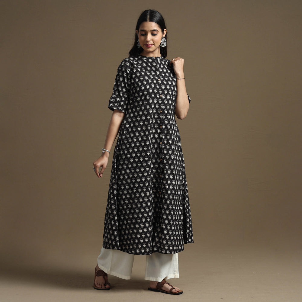 Black - Bagru Hand Block Printed Cotton A-Line Kurta