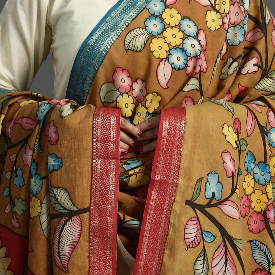 Brown Srikalahasti Pen Work Kalamkari Cotton Handpainted Dupatta