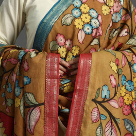 Brown Srikalahasti Pen Work Kalamkari Cotton Handpainted Dupatta