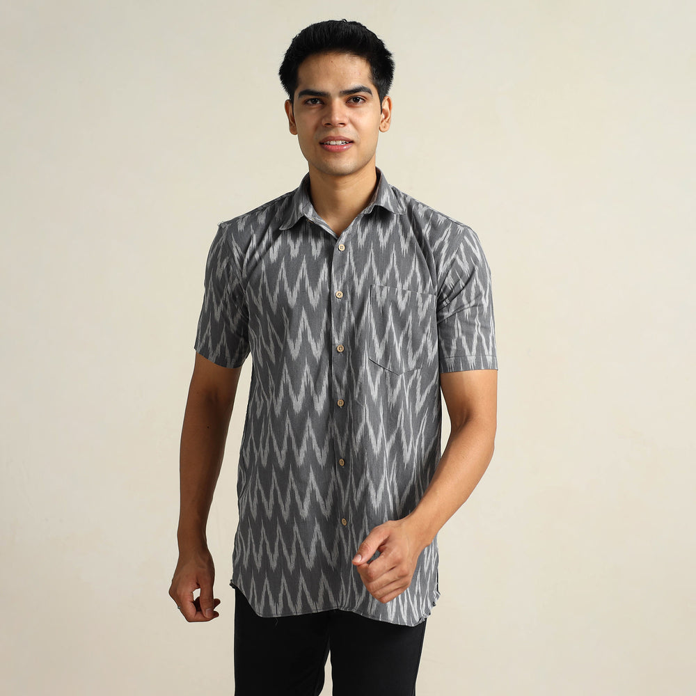 Grey - Pochampally Ikat Weave Cotton Men Half Sleeve Shirt 06