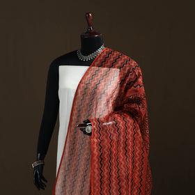 Red - Ajrakh Vanaspati Hand Block Print Natural Dyed Kota Doria Cotton Dupatta 19
