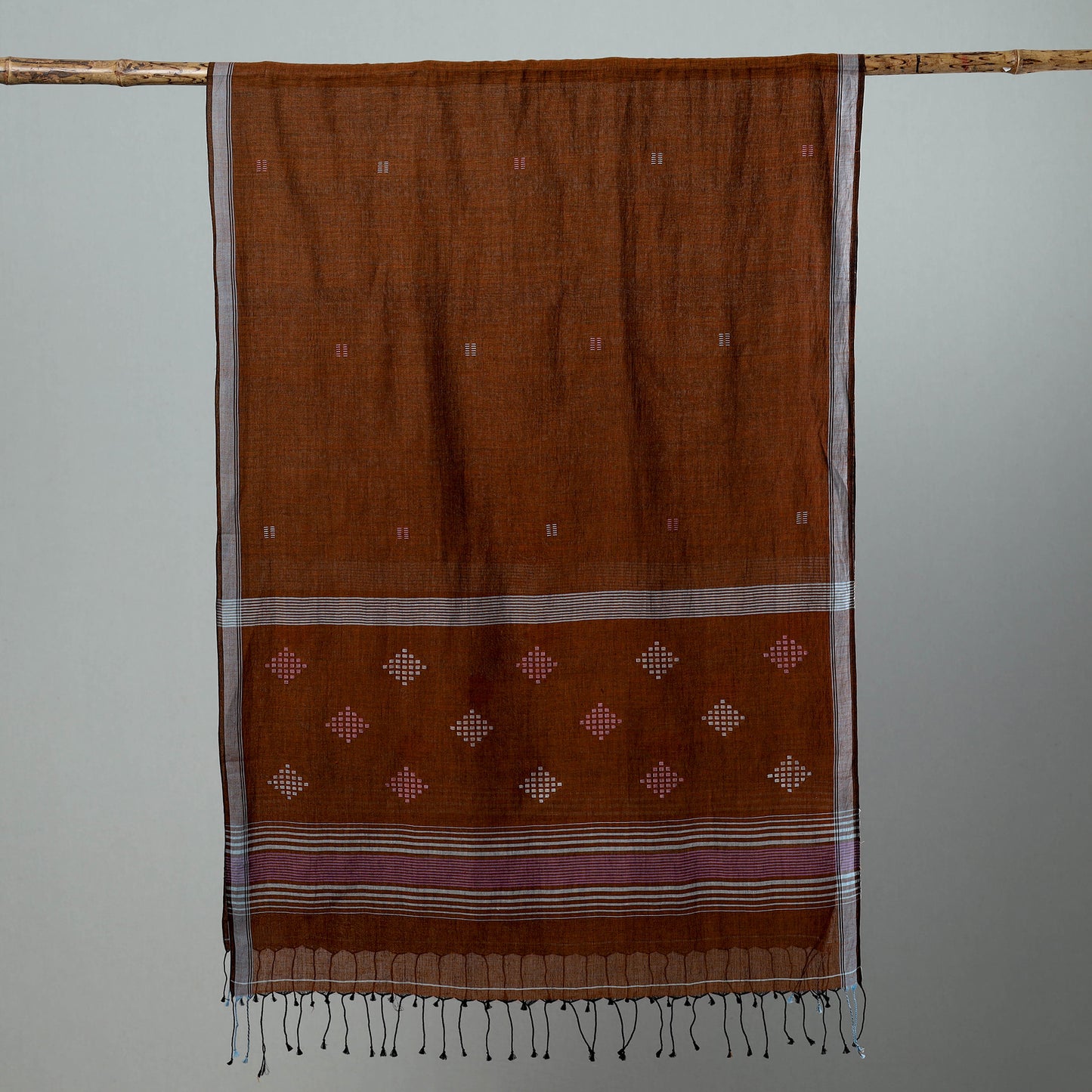 Brown - Burdwan Jamdani Cotton Handloom Stole with Tassels 15