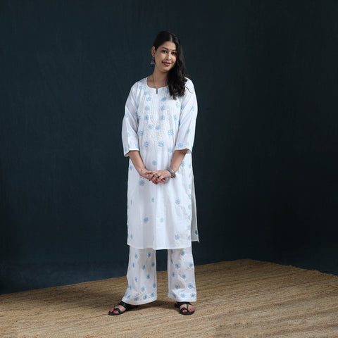White - Hand Embroidered Mul Cotton Chikankari Kurta with Palazzo Set for Women 37