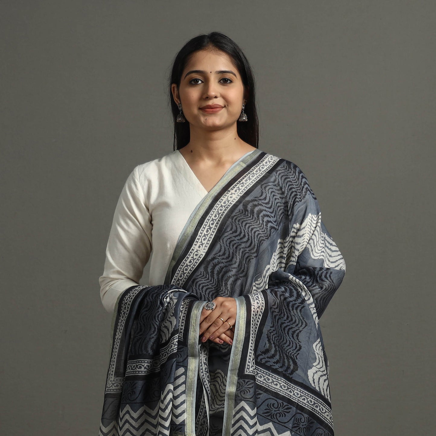 Grey - Block Printed Chanderi Silk Bagru Dupatta 32