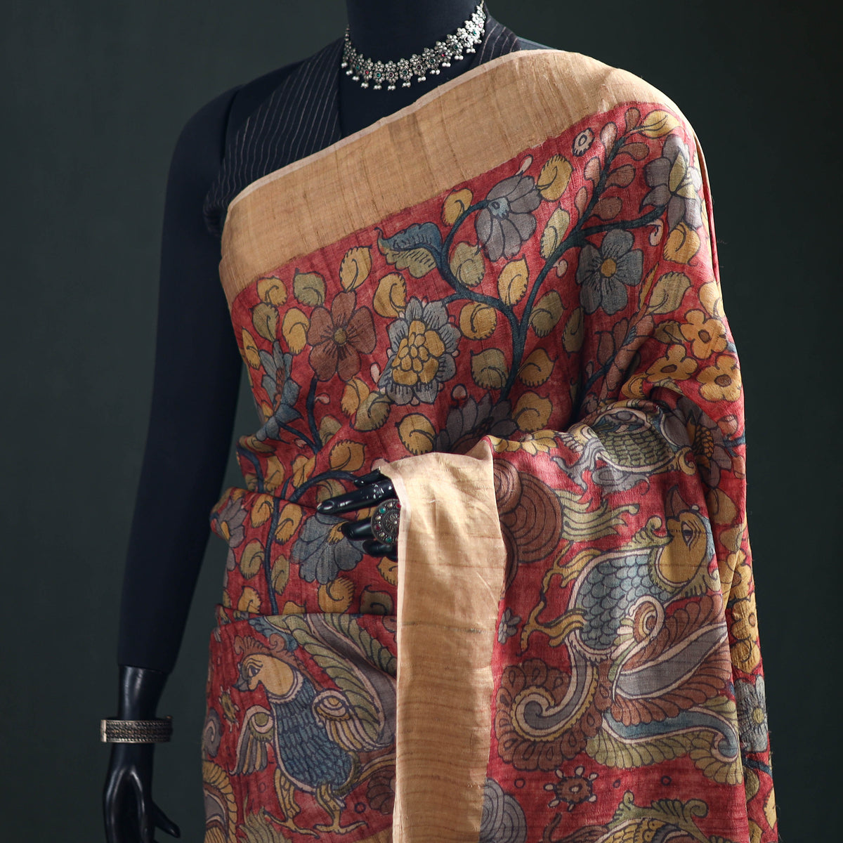 Pure Handloom Desi Tussar Silk Handpainted Srikalahasti Pen Kalamkari Saree with Zari Border 01