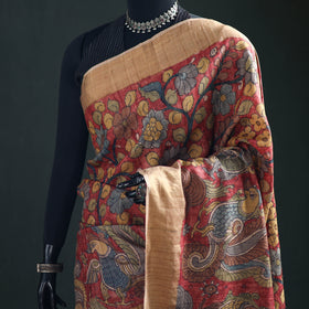 Pure Handloom Desi Tussar Silk Handpainted Srikalahasti Pen Kalamkari Saree with Zari Border 01