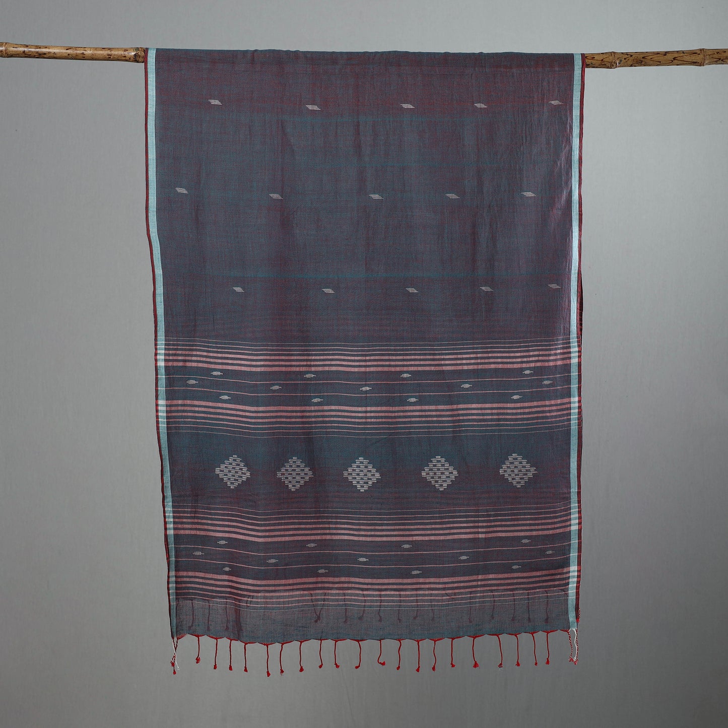 Grey - Burdwan Jamdani Cotton Handloom Stole with Tassels 11