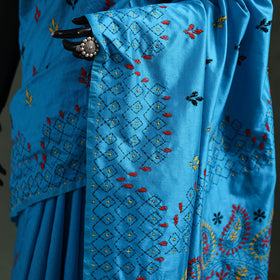 Blue - Bengal Nakshi Kantha Hand Embroidered Silk Saree 32