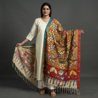 Brown - Srikalahasti Pen Work Kalamkari Cotton Handpainted Zari Border Dupatta with Tassels 124