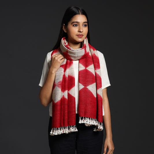 Red - Kutch Handwoven Clamp Dyed Shibori Silk x Wool Stole with Tassels