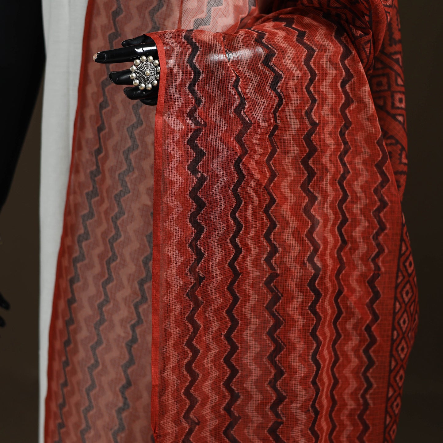 Red - Ajrakh Vanaspati Hand Block Print Natural Dyed Kota Doria Cotton Dupatta 19
