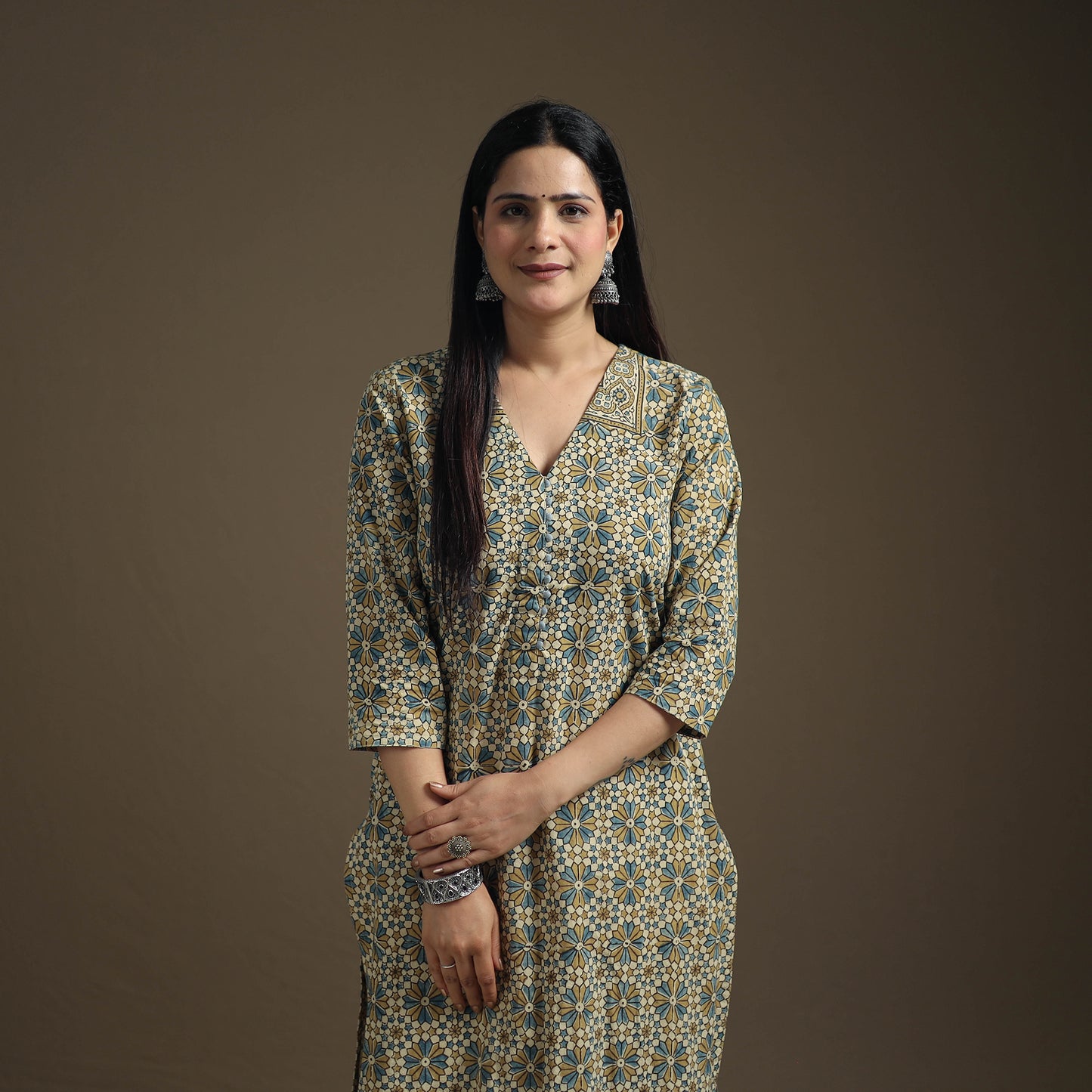 Hand Block Print Cotton Straight Long Ajrakh Kurta for Women 03