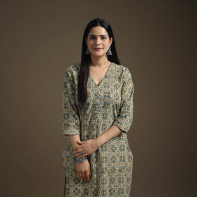 Hand Block Print Cotton Straight Long Ajrakh Kurta for Women 03
