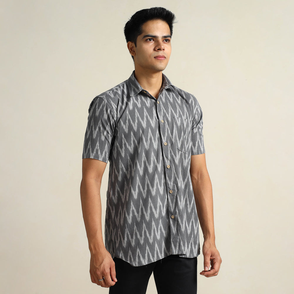 Grey - Pochampally Ikat Weave Cotton Men Half Sleeve Shirt 06