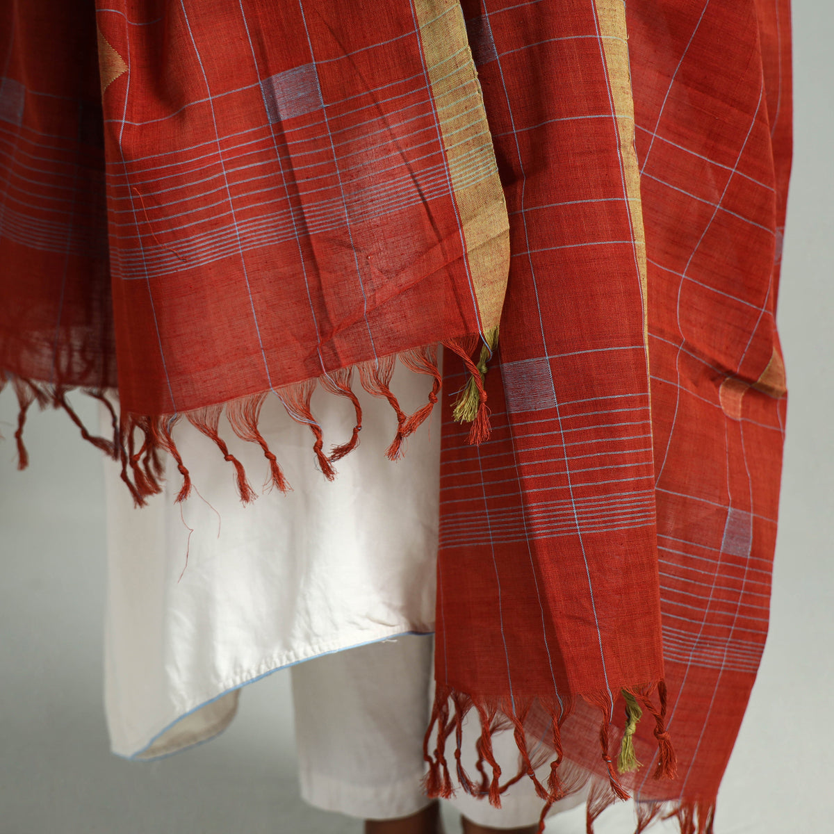 Red - Godavari Jamdani Buti Handloom Handspun Cotton Dupatta with Tassels 15