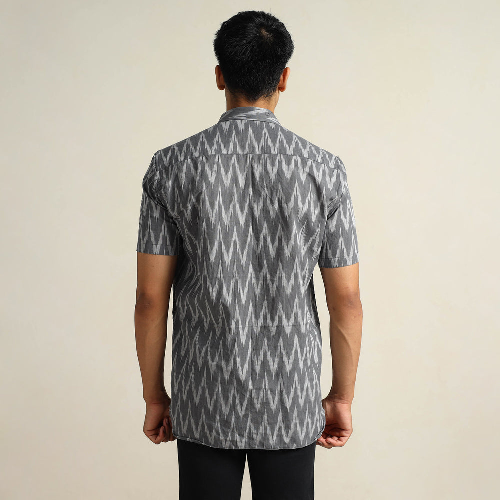 Grey - Pochampally Ikat Weave Cotton Men Half Sleeve Shirt 06