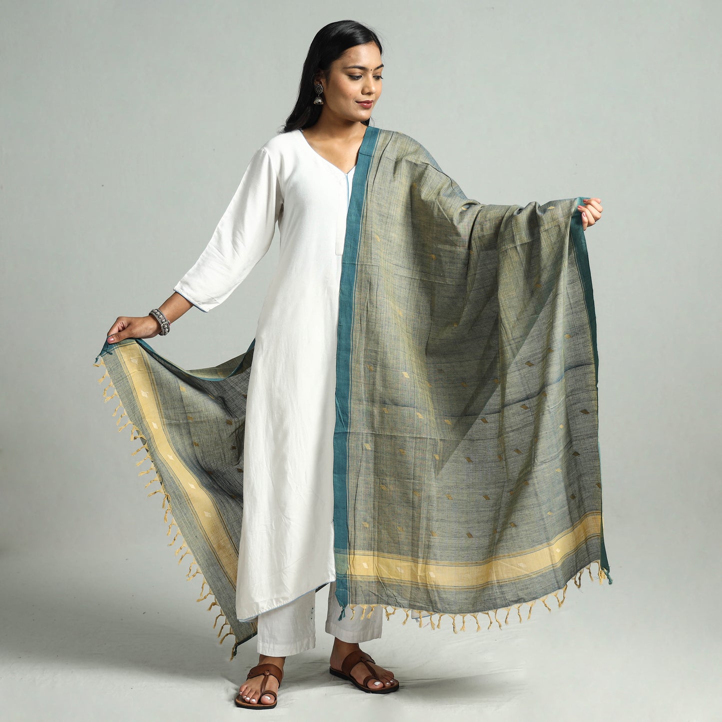 Green - Godavari Jamdani Buti Handloom Handspun Cotton Dupatta with Tassels 14