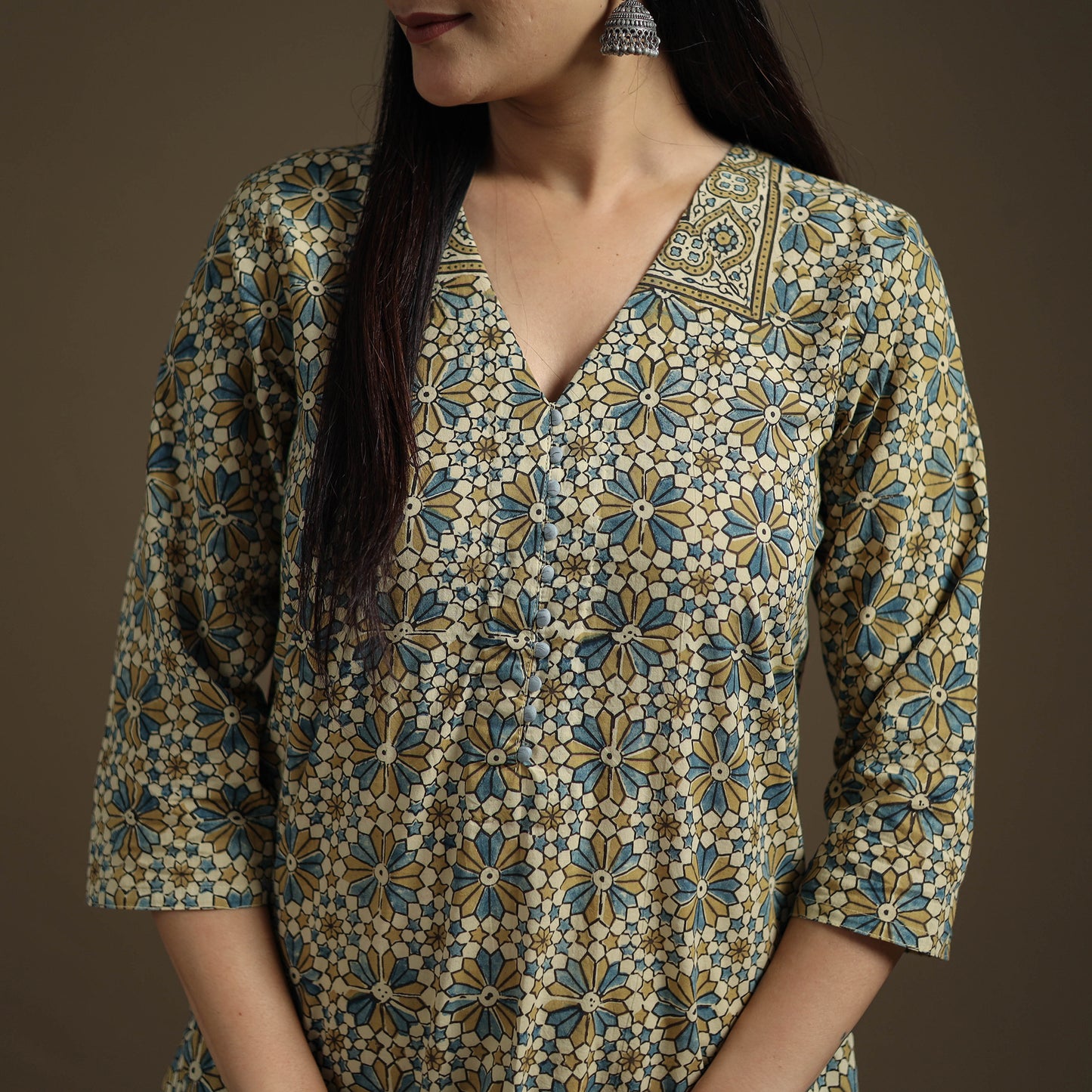 Hand Block Print Cotton Straight Long Ajrakh Kurta for Women 03