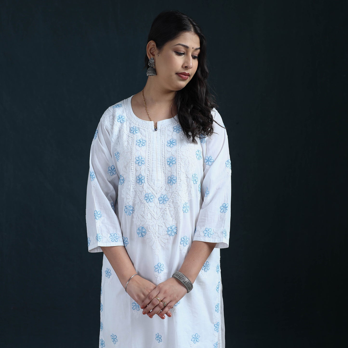 White - Hand Embroidered Mul Cotton Chikankari Kurta with Palazzo Set for Women 37