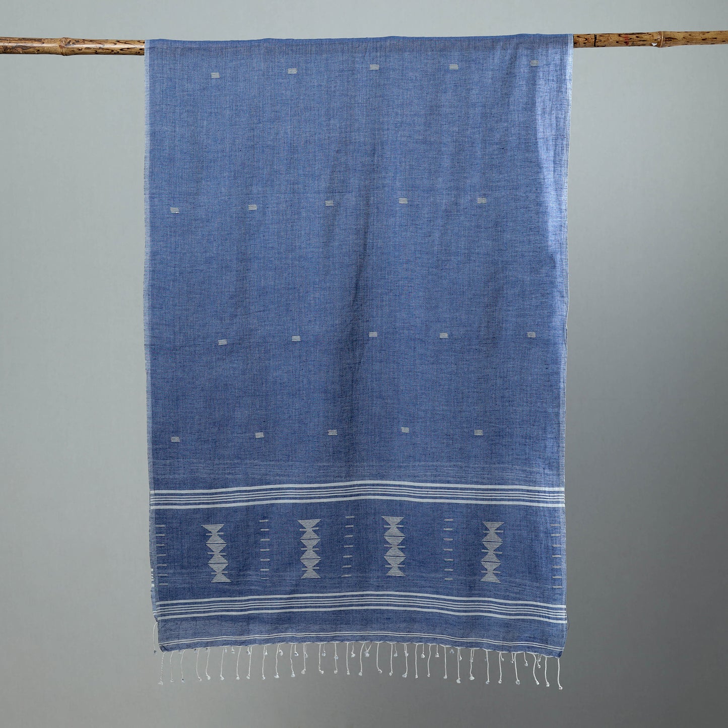 Blue - Burdwan Jamdani Cotton Handloom Stole with Tassels 17