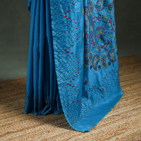 Blue - Bengal Nakshi Kantha Hand Embroidered Silk Saree 32