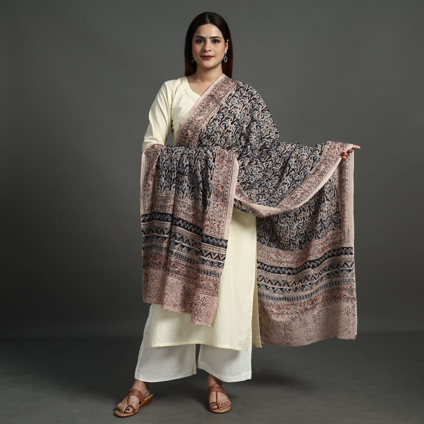 Black - Kalamkari Block Printed Cotton Dupatta 05