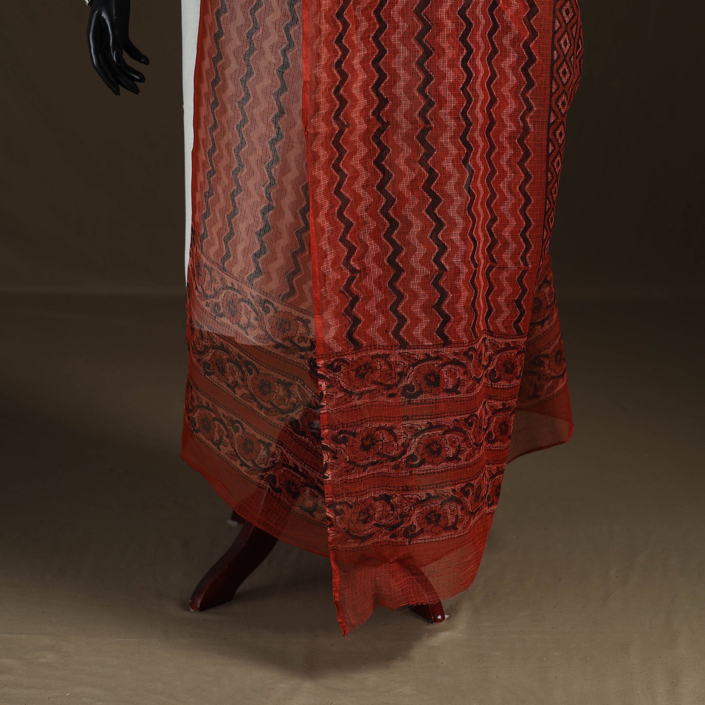 Red - Ajrakh Vanaspati Hand Block Print Natural Dyed Kota Doria Cotton Dupatta 19
