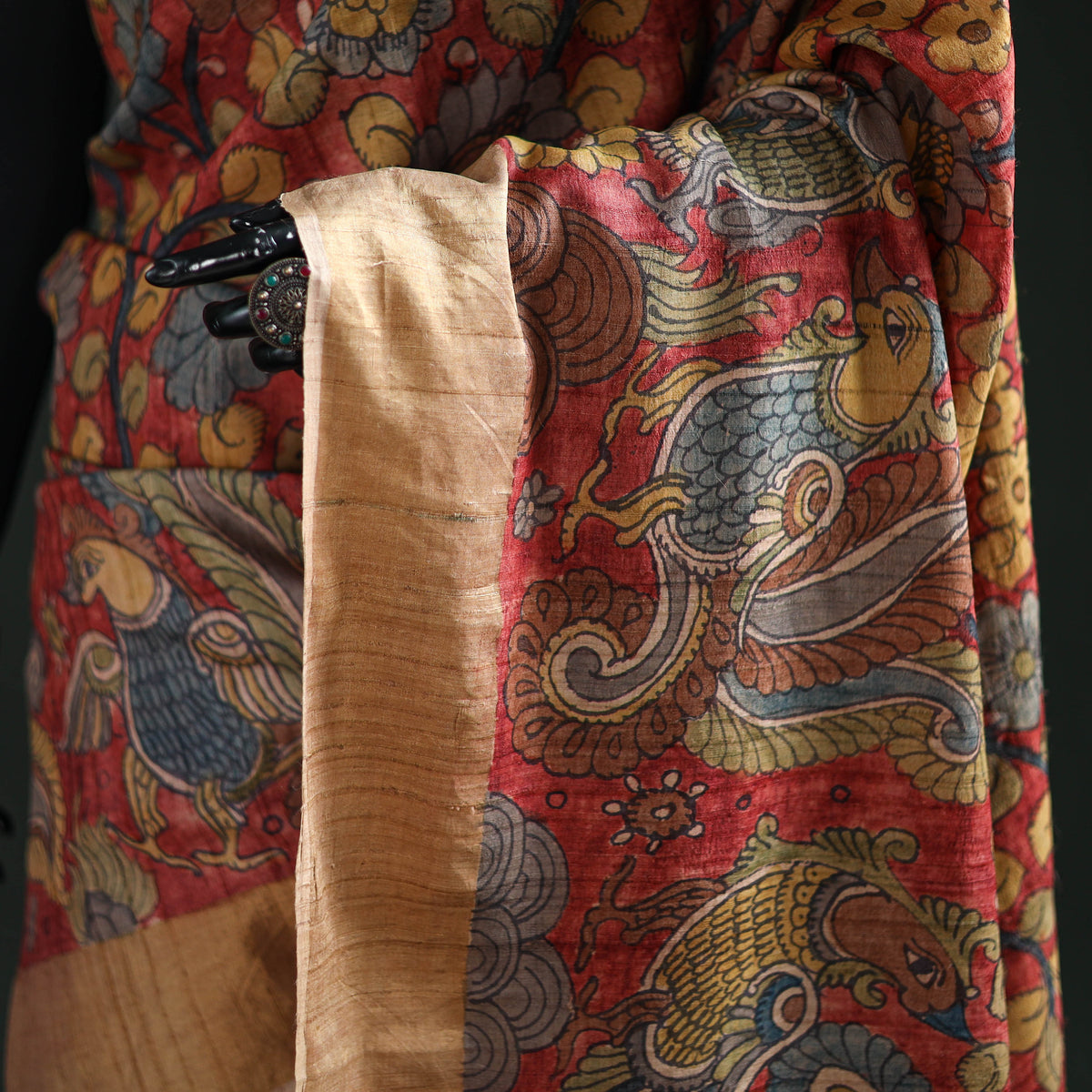 Pure Handloom Desi Tussar Silk Handpainted Srikalahasti Pen Kalamkari Saree with Zari Border 01