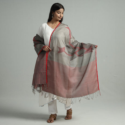 Brown - Bengal Jamdani Handloom Silk Dupatta with Tassels 19