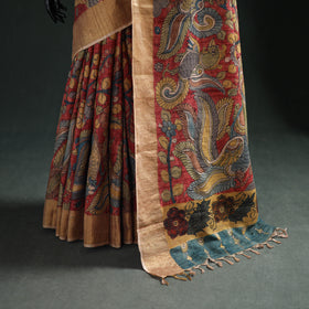 Pure Handloom Desi Tussar Silk Handpainted Srikalahasti Pen Kalamkari Saree with Zari Border 01