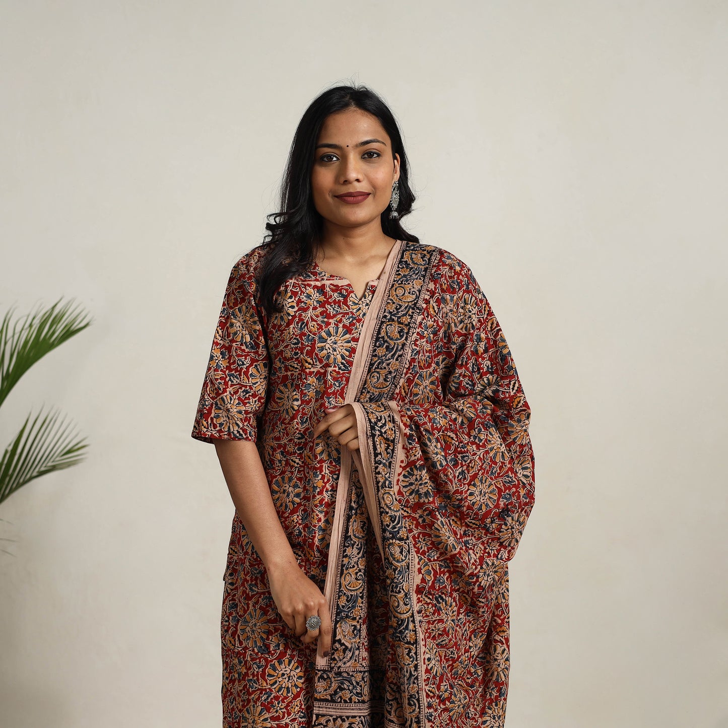 Red - printed cotton kalamkari kurta set 20 - handcrafted