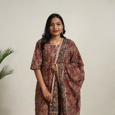 Red - printed cotton kalamkari kurta set 20 - handcrafted
