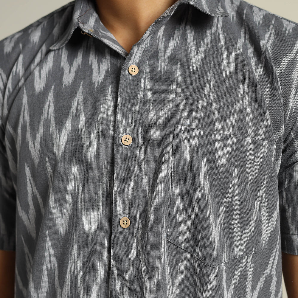 Grey - Pochampally Ikat Weave Cotton Men Half Sleeve Shirt 06