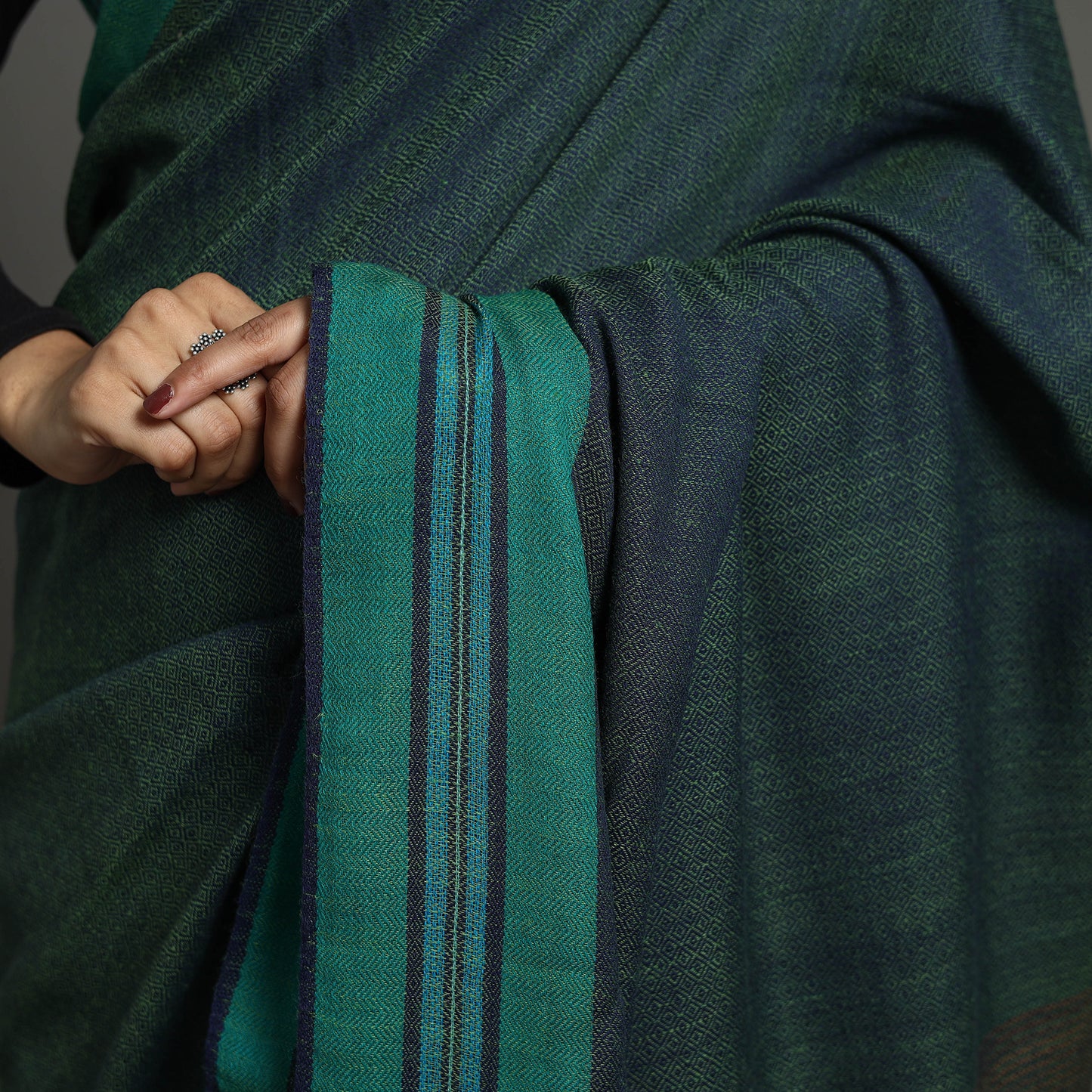 Green - Kumaun Handwoven Pure Merino Woolen Saree 11