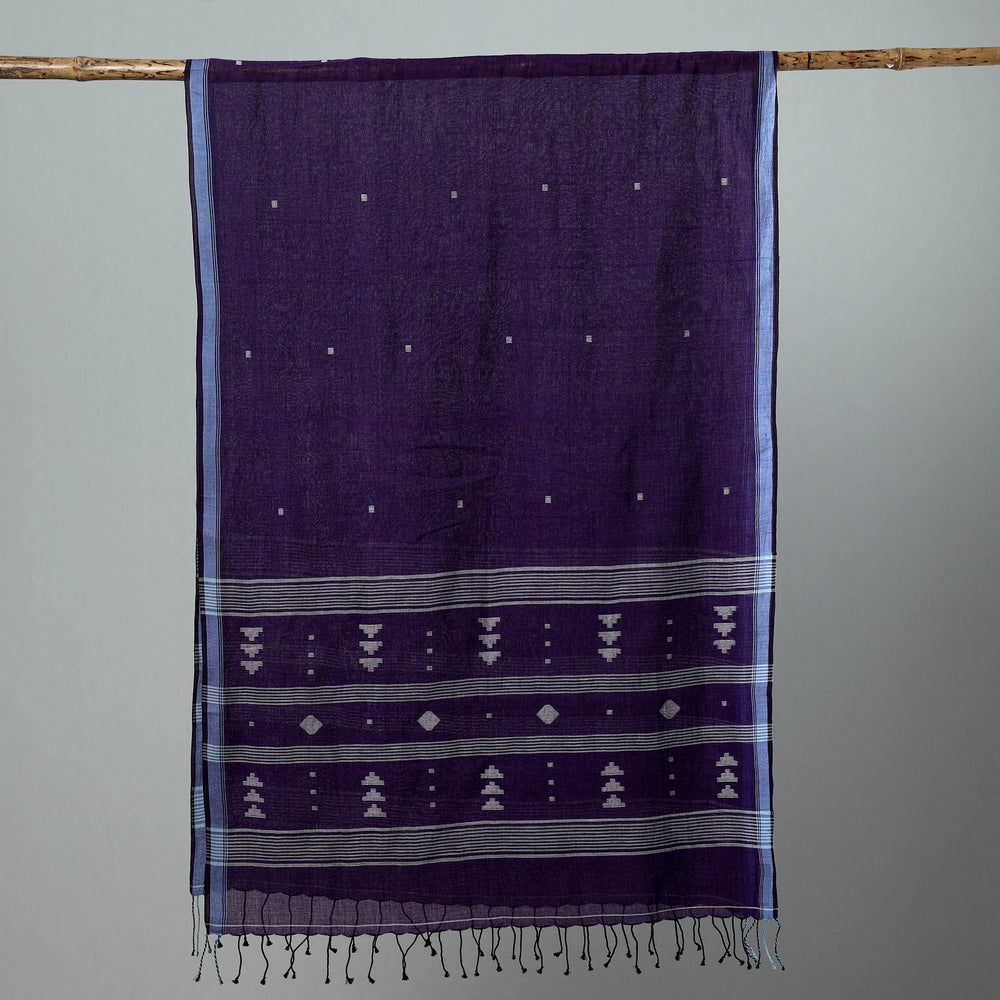 Purple - Burdwan Jamdani Cotton Handloom Stole with Tassels 19