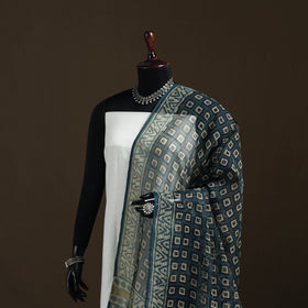 Grey - Gray - Ajrakh Vanaspati Hand Block Print Natural Dyed Kota Doria Cotton Dupatta 20
