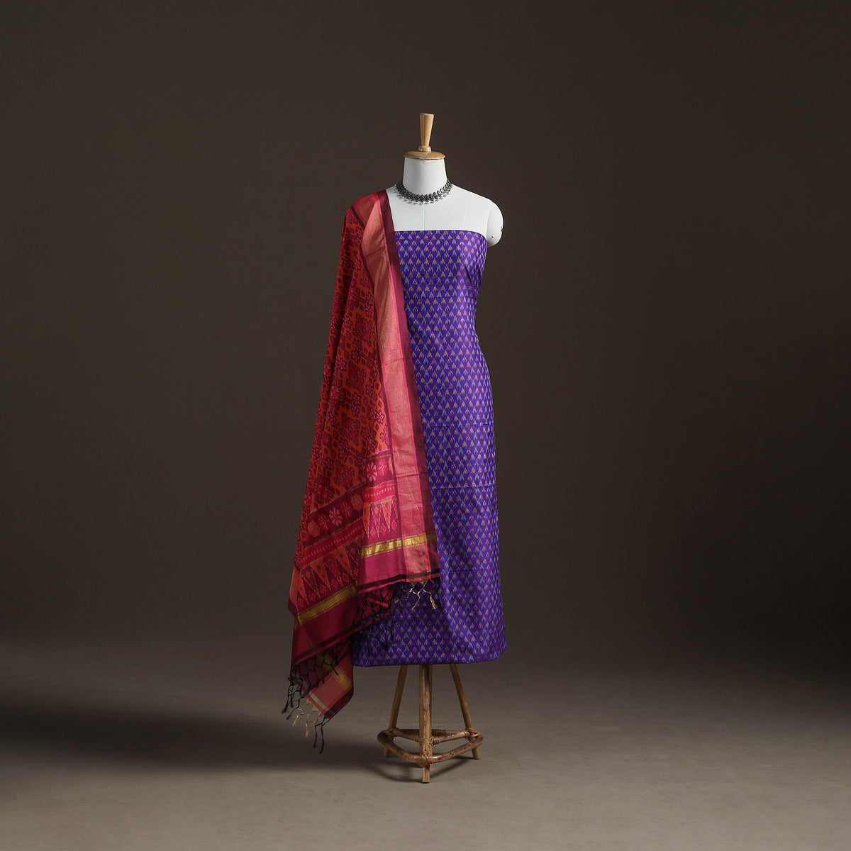 Pochampally Ikat Handloom Sico Unstitched Dress Material: Kurta with Dupatta 14