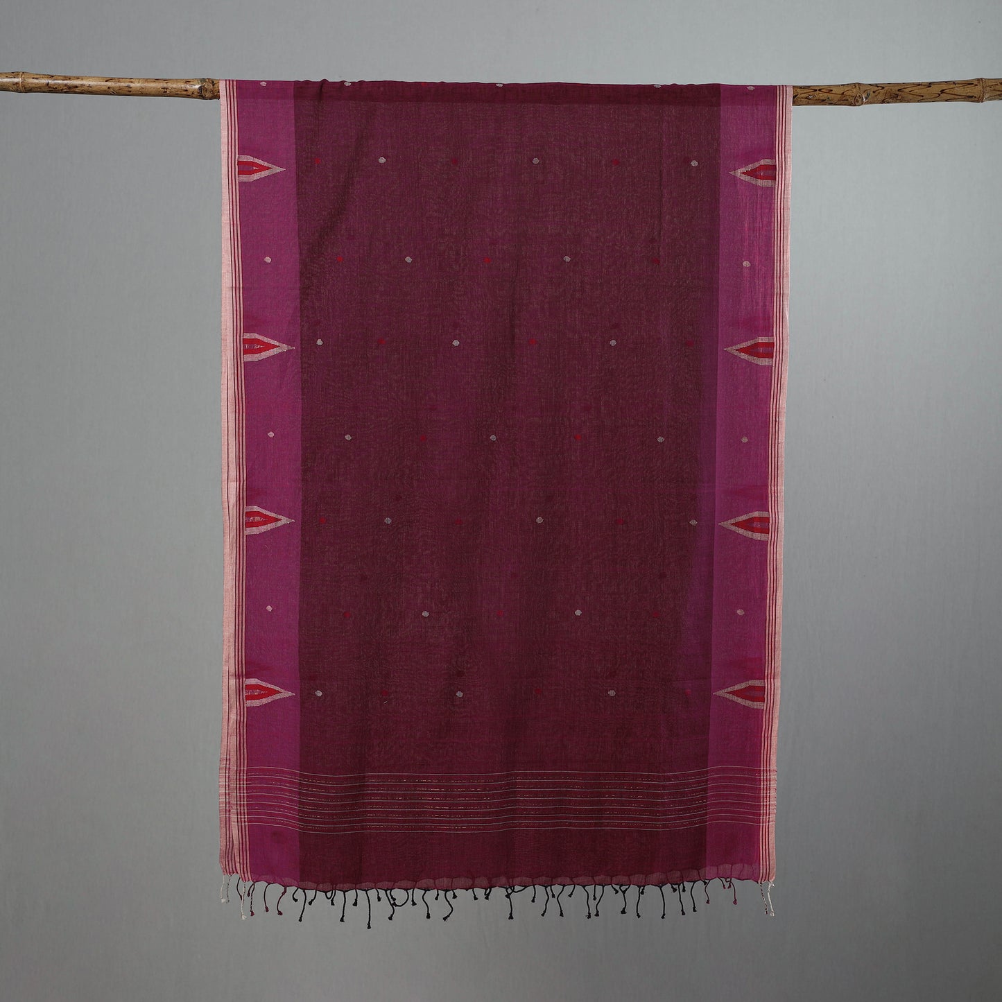 Purple - Burdwan Jamdani Cotton Handloom Stole with Tassels 14