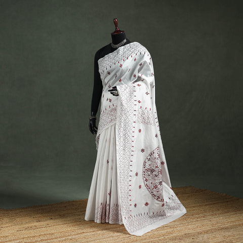 White - Bengal Nakshi Kantha Hand Embroidered Silk Saree 33