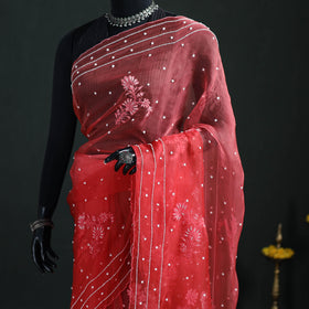 Lucknowi Chikankari Heavy Bead Work Pure Organza Silk Saree 09