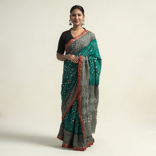 Grey - Kutch Bandhani Tie-Dye Cotton Saree with Blouse Piece