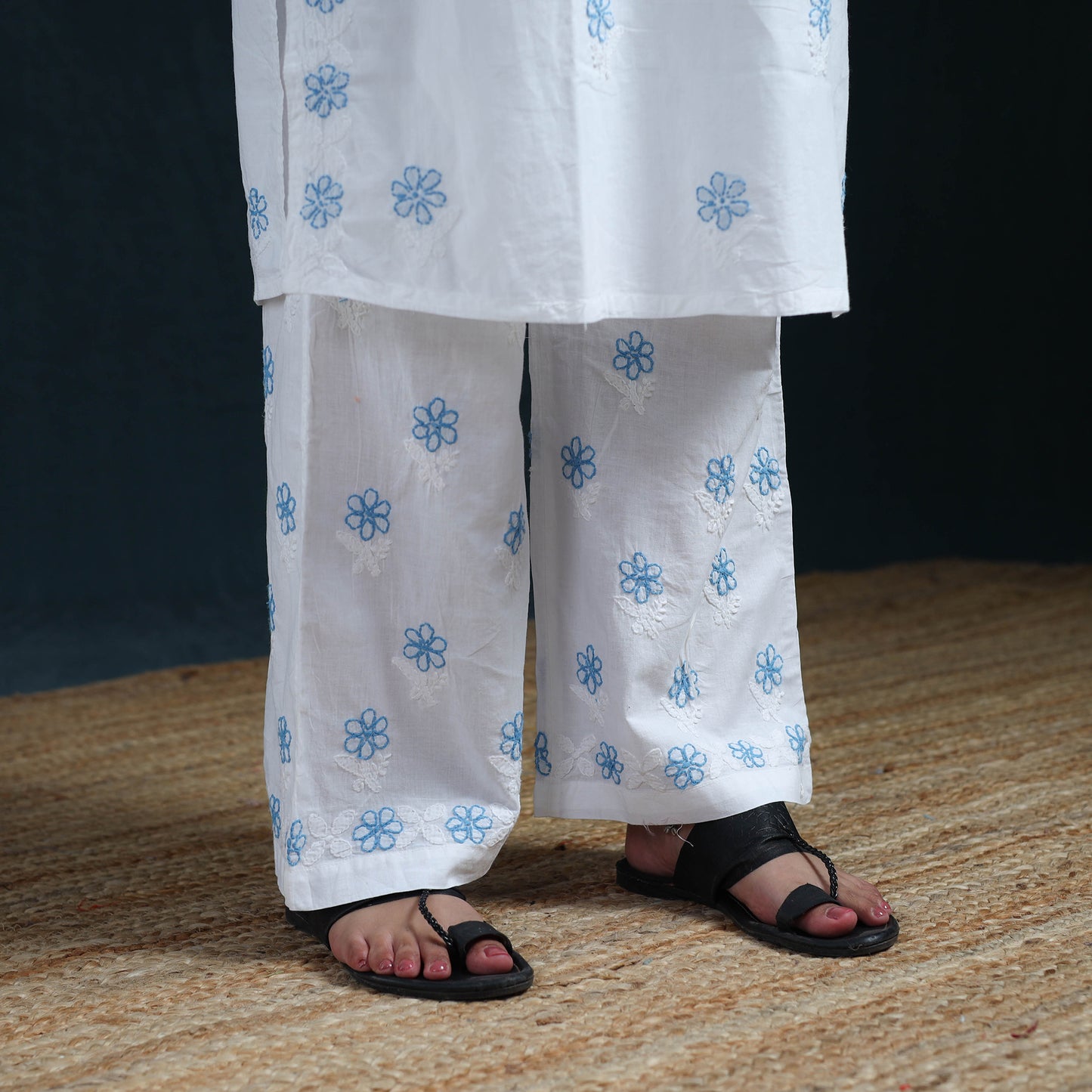 White - Hand Embroidered Mul Cotton Chikankari Kurta with Palazzo Set for Women 37