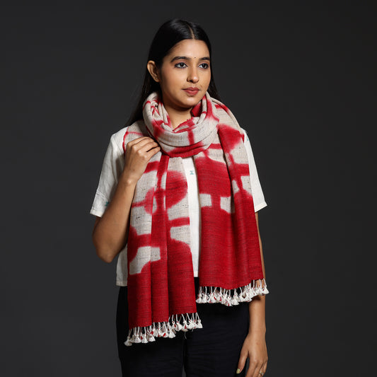 Red - Kutch Handwoven Clamp Dyed Shibori Silk x Wool Stole with Tassels